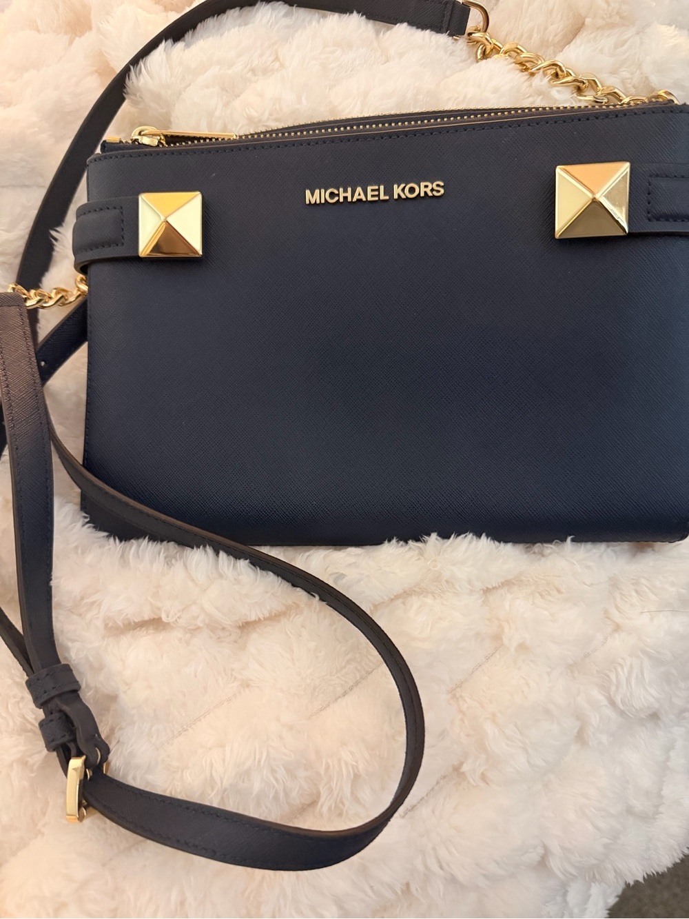 Michael Kors Navy Crossbody with Gold Pyramid Studs - Like New No Tags.